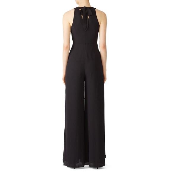 HALSTON Black Sleeveless Deep V-Neck High-Low Ruffle Front Jumpsuit Size 6 - Picture 2 of 14